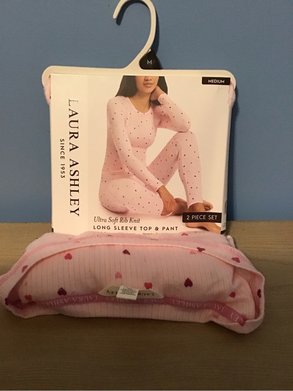 New Laura Ashley Pink Rib-Knit Heart Print Long Sleeve Top & Pant Set